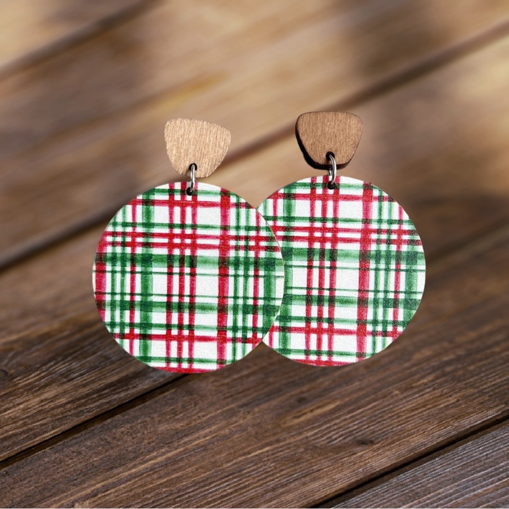 Plaid Circle Earrings with Wooden Accents